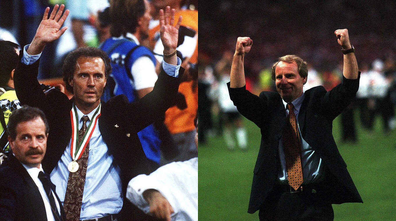 Zwei Titel für Deutschland: Beckenbauer bei WM 1990 und Vogts (r.) bei EM 1996 © Getty Images Collage DFB
