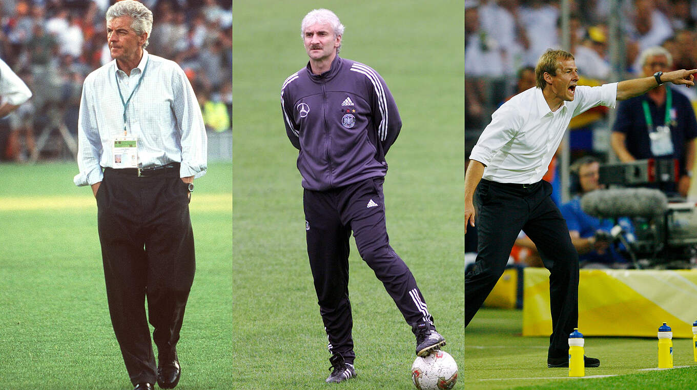 Trainer zu Beginn der 2000er-Jahre: Ribbeck, Völler und Klinsmann (v.l.) © Getty Images Collage DFB