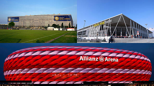 Die drei Spielorte: die Merkur-Arena, der Europa-Park und die Allianz-Arena © Imago Images